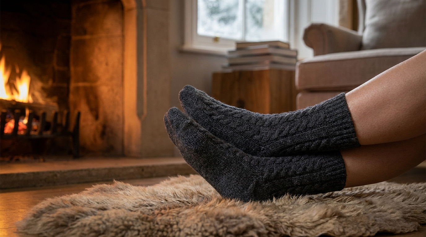 Pieds portant des chaussettes en laine grise torsadée devant une cheminée chaleureuse.