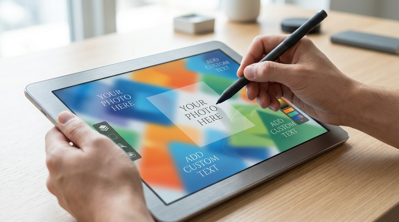 Une personne utilise un stylet sur une tablette pour concevoir un design personnalisé avec des photos et du texte.