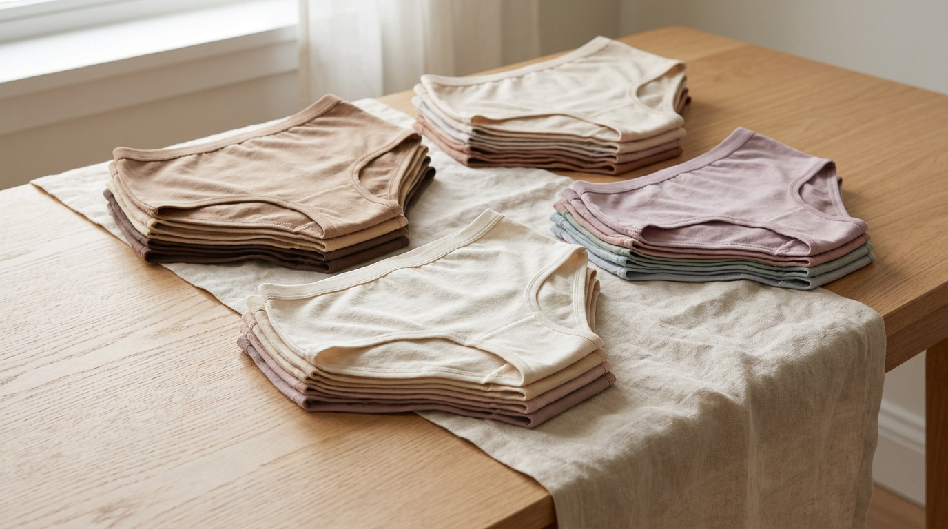 Trois piles de culottes en coton de différentes couleurs posées sur une table en bois clair.