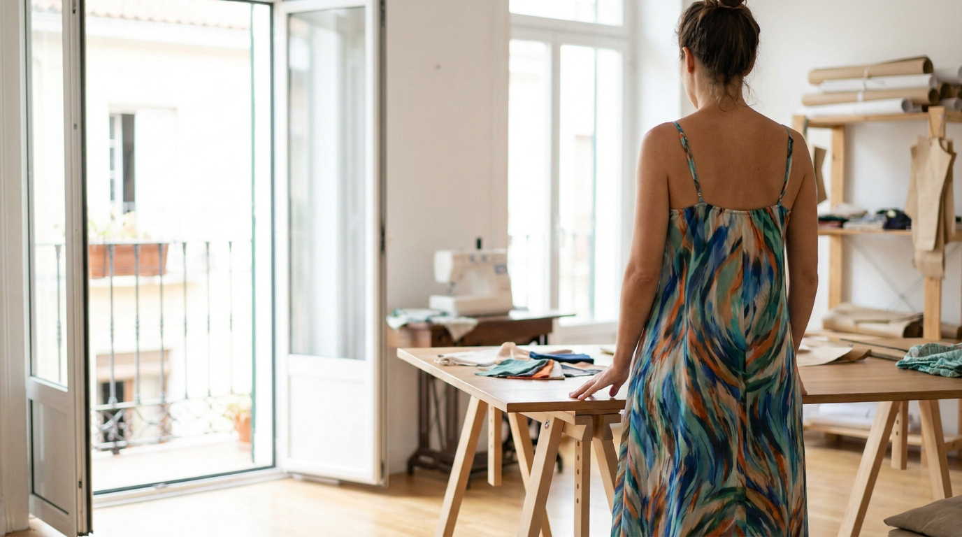 Femme vue de dos portant une robe à bretelles colorée dans un atelier de couture lumineux.