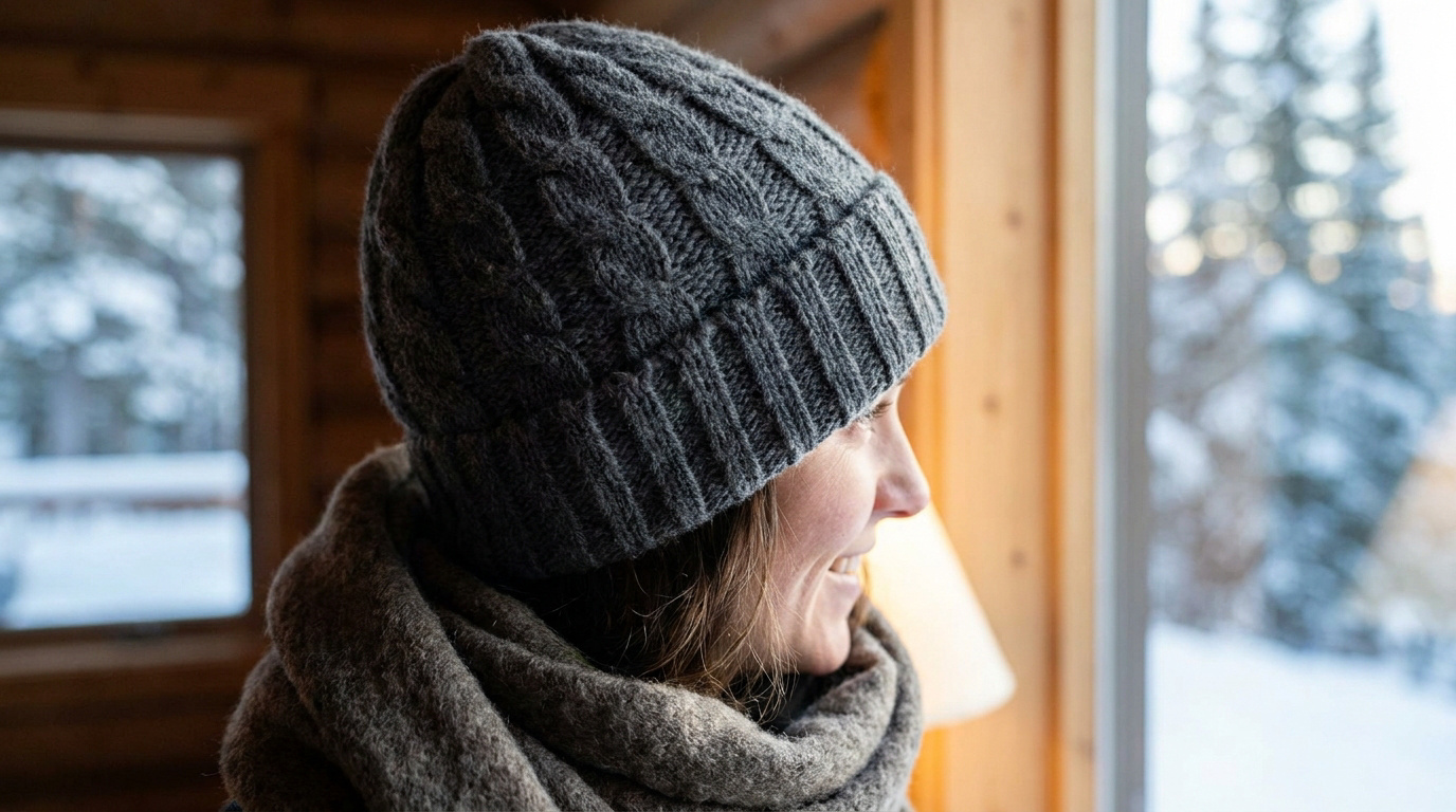 Une femme souriante porte un bonnet en laine mérinos gris avec une écharpe, regardant par une fenêtre enneigée.