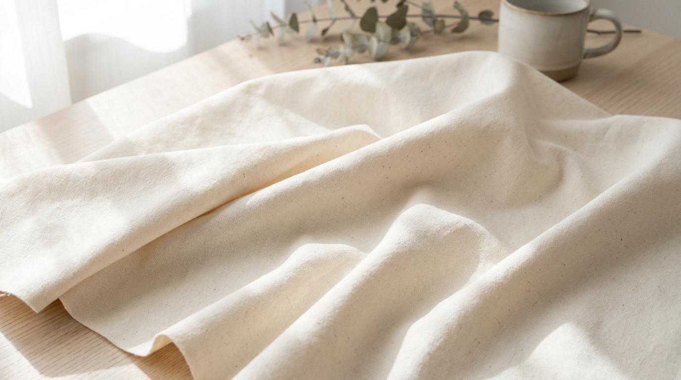 Un coupon de tissu en coton écru posé sur une table en bois clair à côté d'une tasse et d'une branche d'eucalyptus.