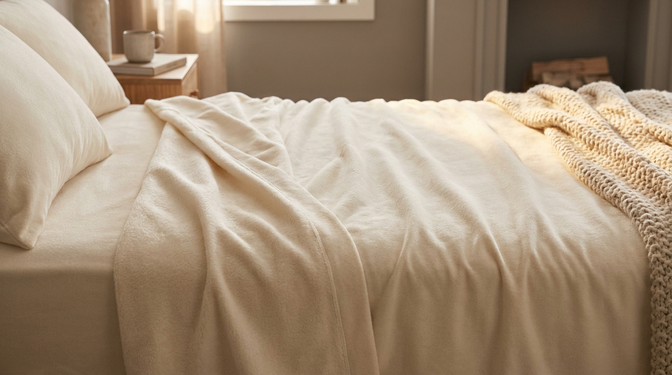 Lit douillet avec drap en flanelle beige et couverture tricotée dans une chambre chaleureuse aux tons naturels.