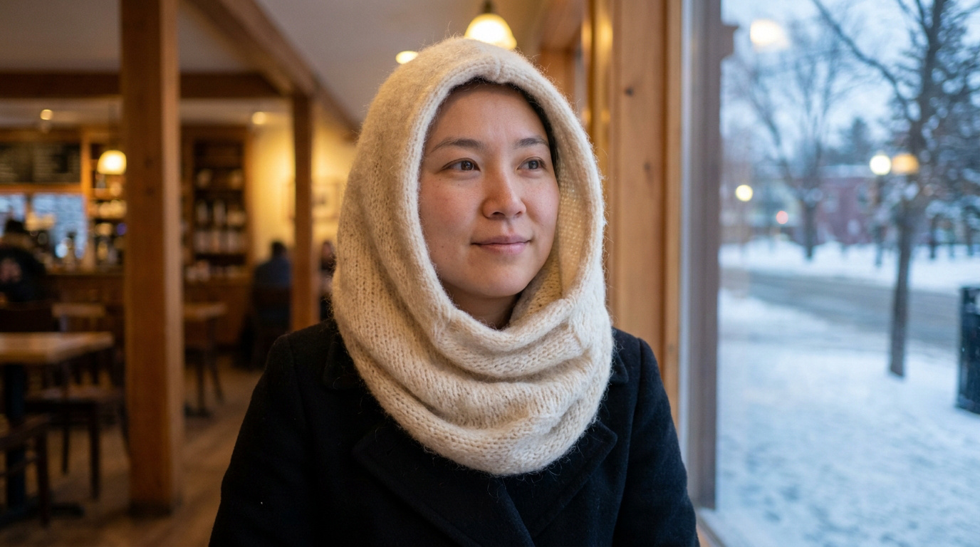 Une femme souriante portant une écharpe capuche en laine beige, assise dans un café chaleureux devant une vue enneigée.