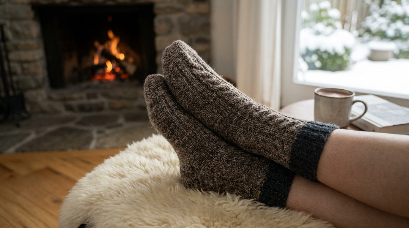 Pieds en chaussettes en laine marron posés sur un pouf en fourrure devant une cheminée allumée.