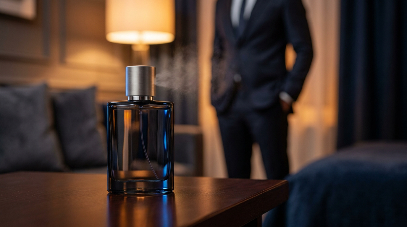 Un flacon d'eau de toilette pour homme avec un jet de parfum, devant un homme élégant en costume flou.