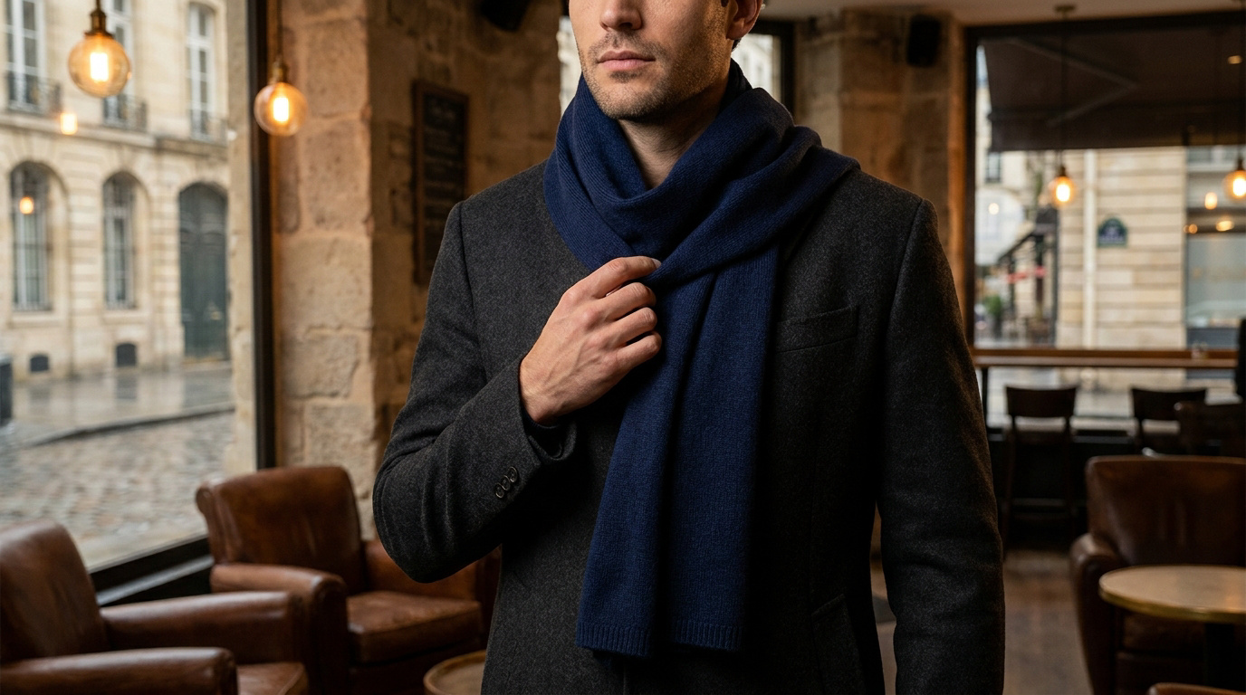 Un homme élégant portant un manteau sombre et une écharpe en laine bleu marine dans un café chic.