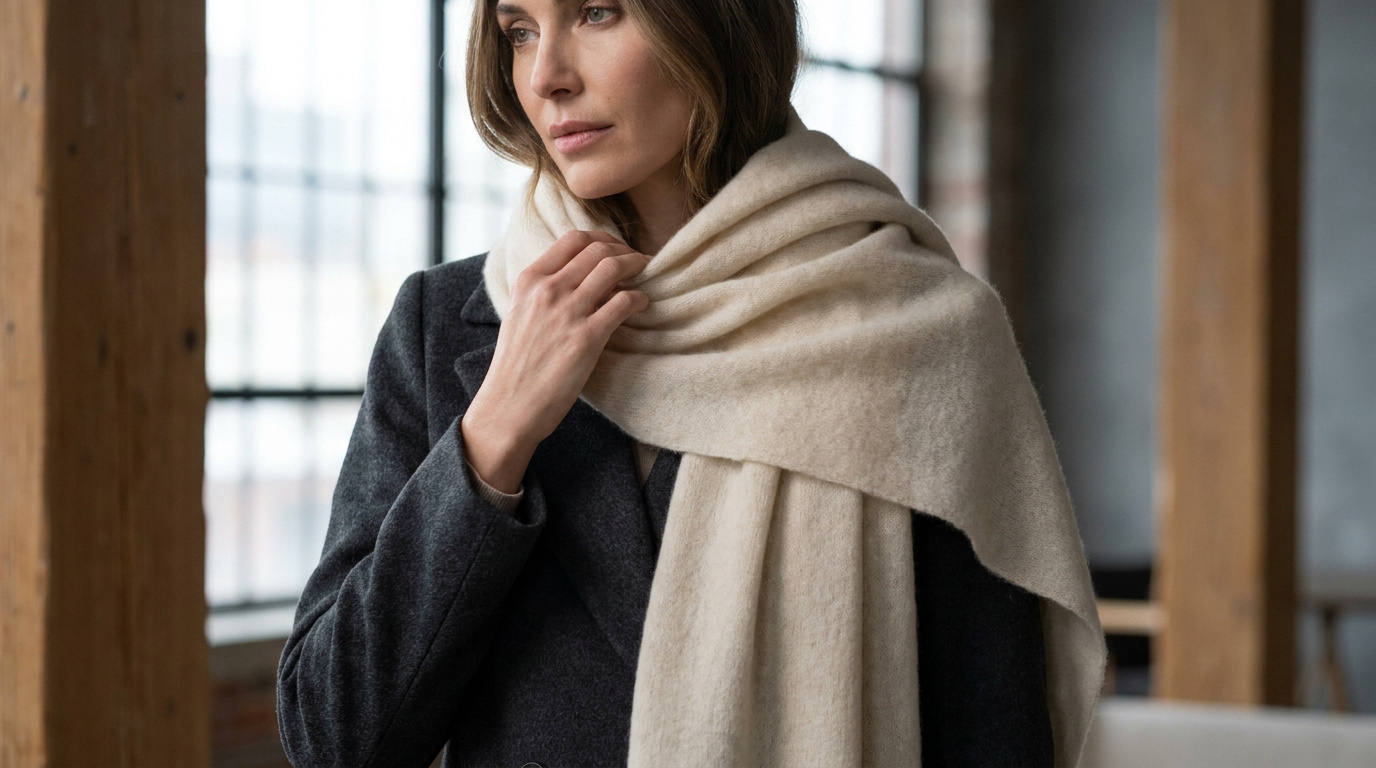 Femme portant un foulard en laine beige sur un manteau gris dans un intérieur lumineux.