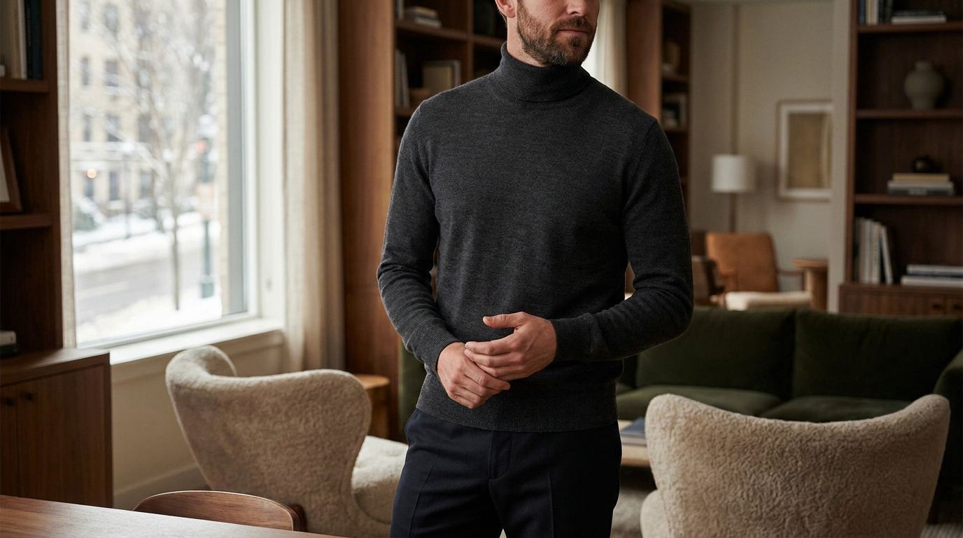 Un homme barbu porte un sous-pull à col roulé gris anthracite dans un intérieur élégant et chaleureux.