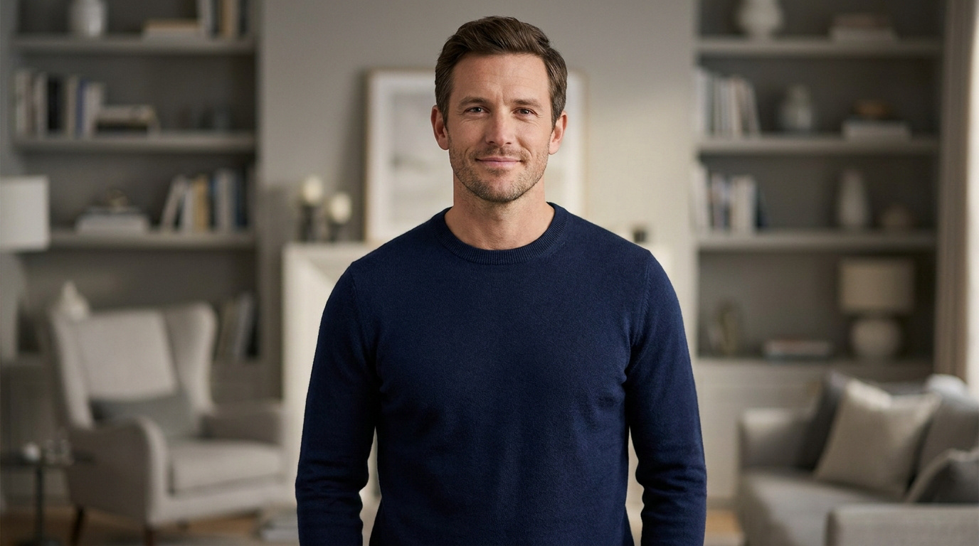 Homme souriant portant un pull mérinos bleu marine, posant dans un salon moderne et chaleureux.