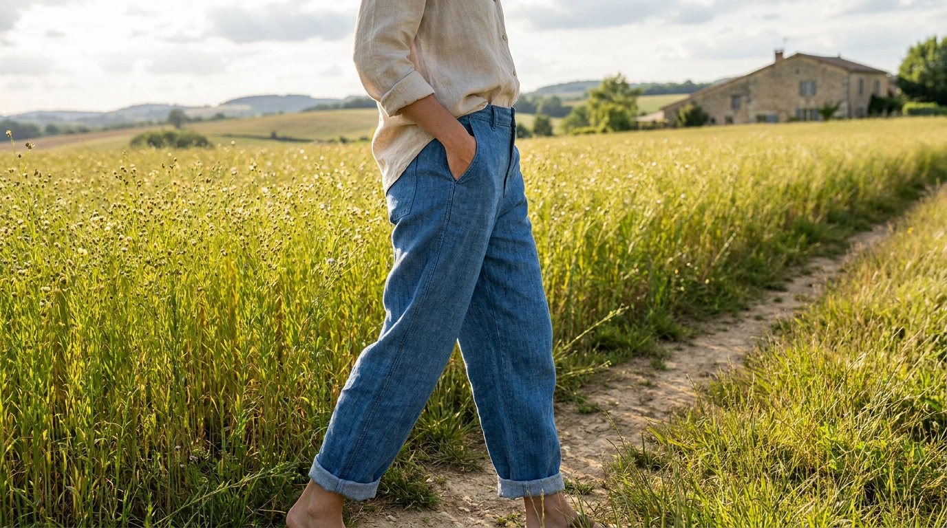 Femme portant un jean bleu à coupe droite et une chemise en lin marchant dans un champ ensoleillé.