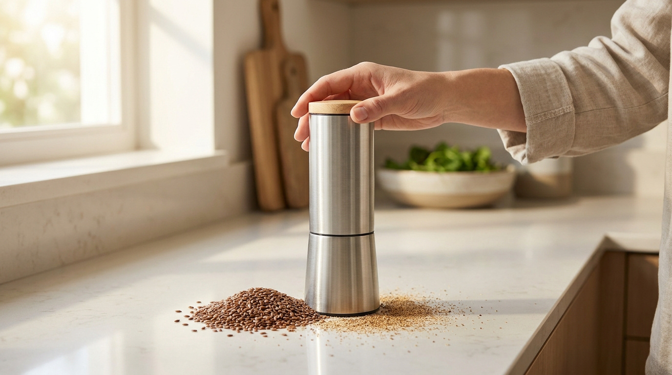 Main utilisant un moulin à graines de lin Peugeot Isen en inox sur un comptoir de cuisine.