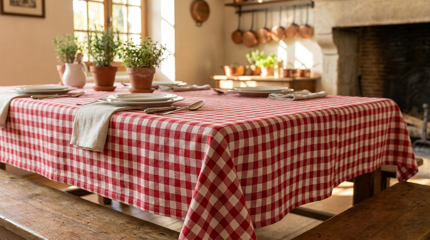 Nappe à carreaux vichy rouge et blanc sur une table en bois dans une cuisine rustique chaleureuse.