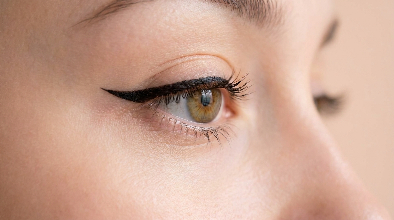 Gros plan sur un œil maquillé avec un trait d'eye-liner noir précis et élégant.