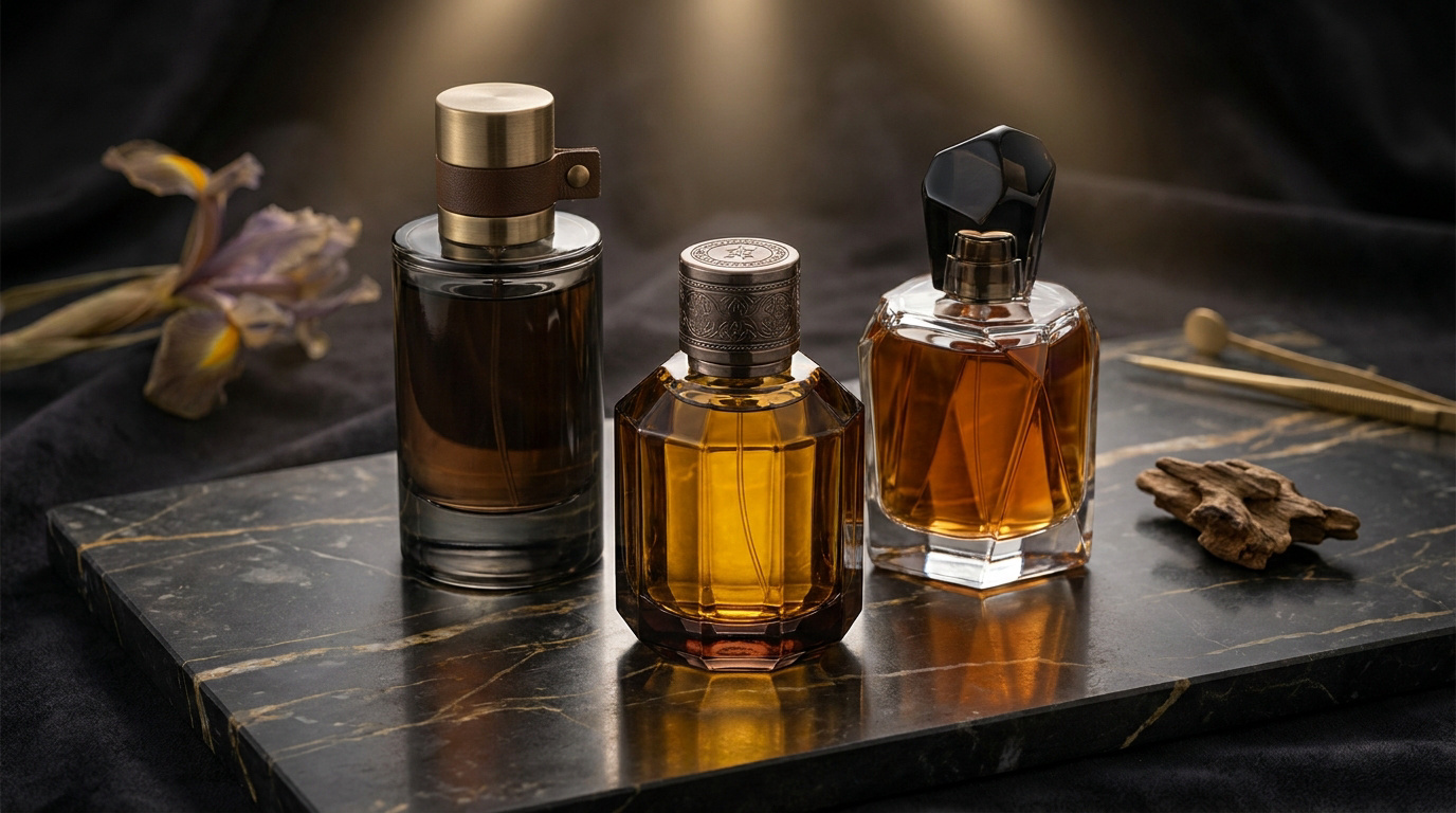 Trois flacons de parfum sophistiqués sur un socle en marbre noir avec des éléments décoratifs.