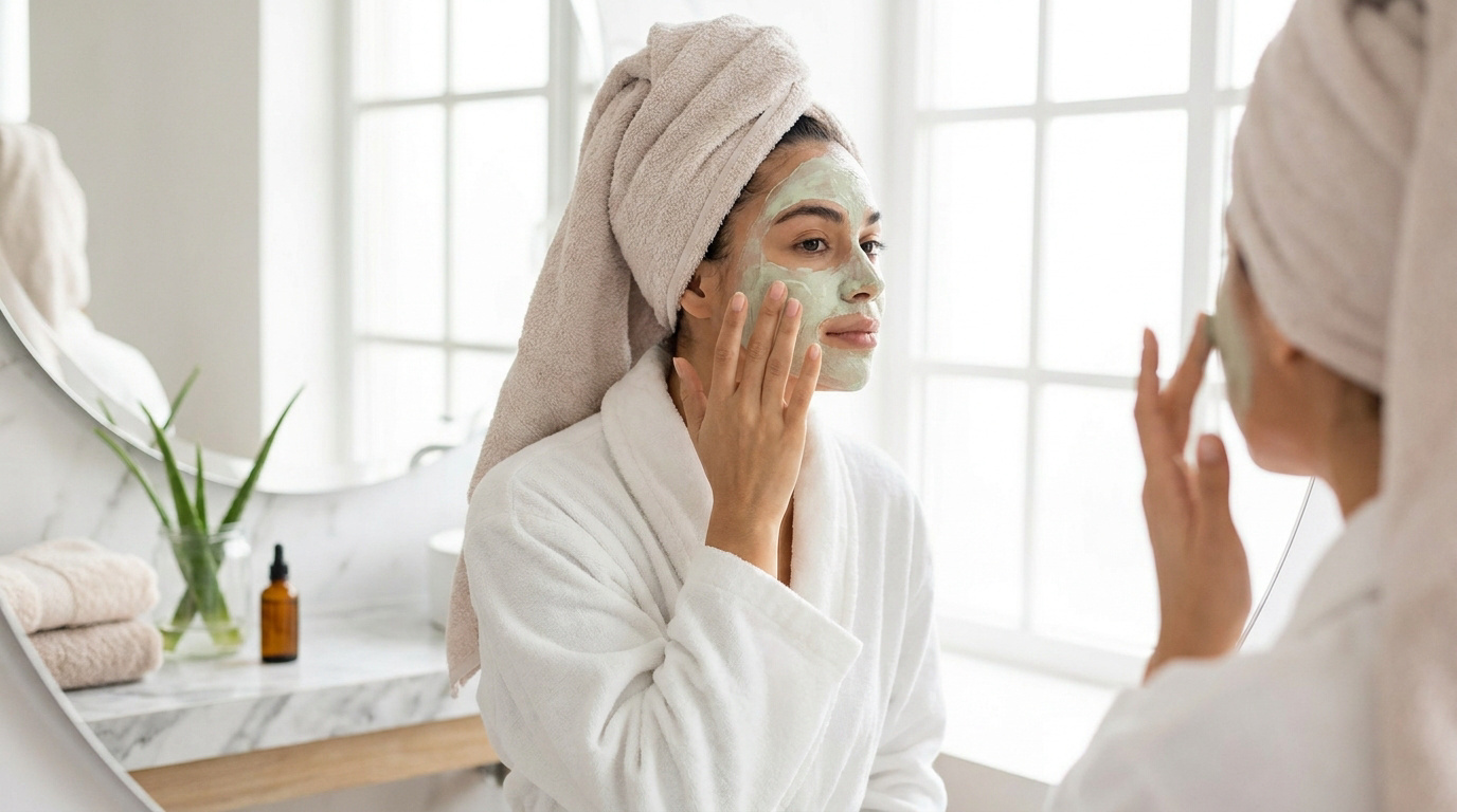 Une femme en peignoir et serviette sur la tête applique un masque vert sur son visage devant un miroir de salle de bain.
