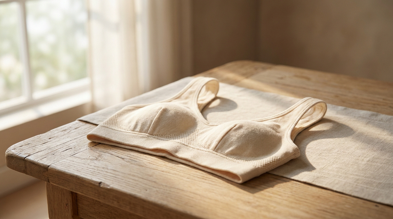 Soutien-gorge beige en coton posé sur une table en bois clair près d'une fenêtre ensoleillée.