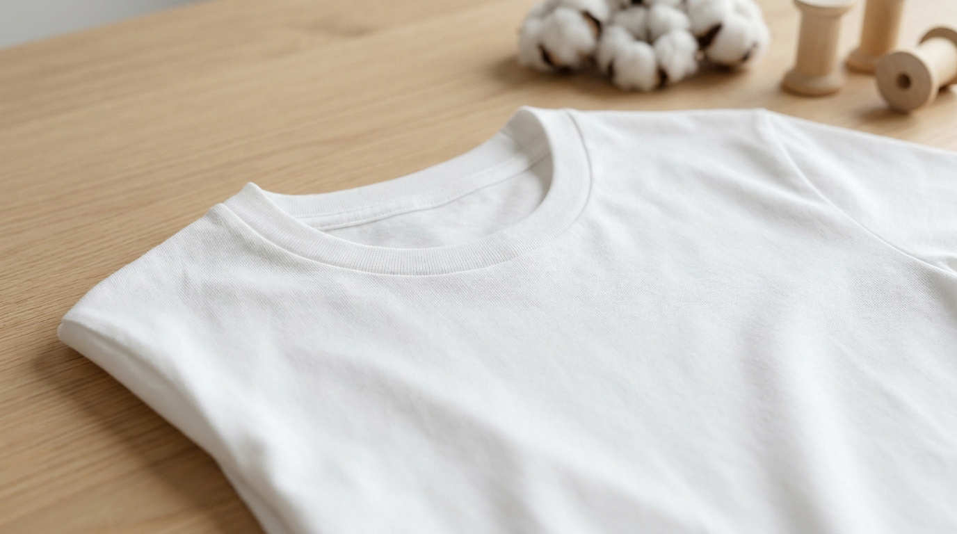 T-shirt blanc plié sur une table en bois avec du coton brut et des bobines de fil en arrière-plan.