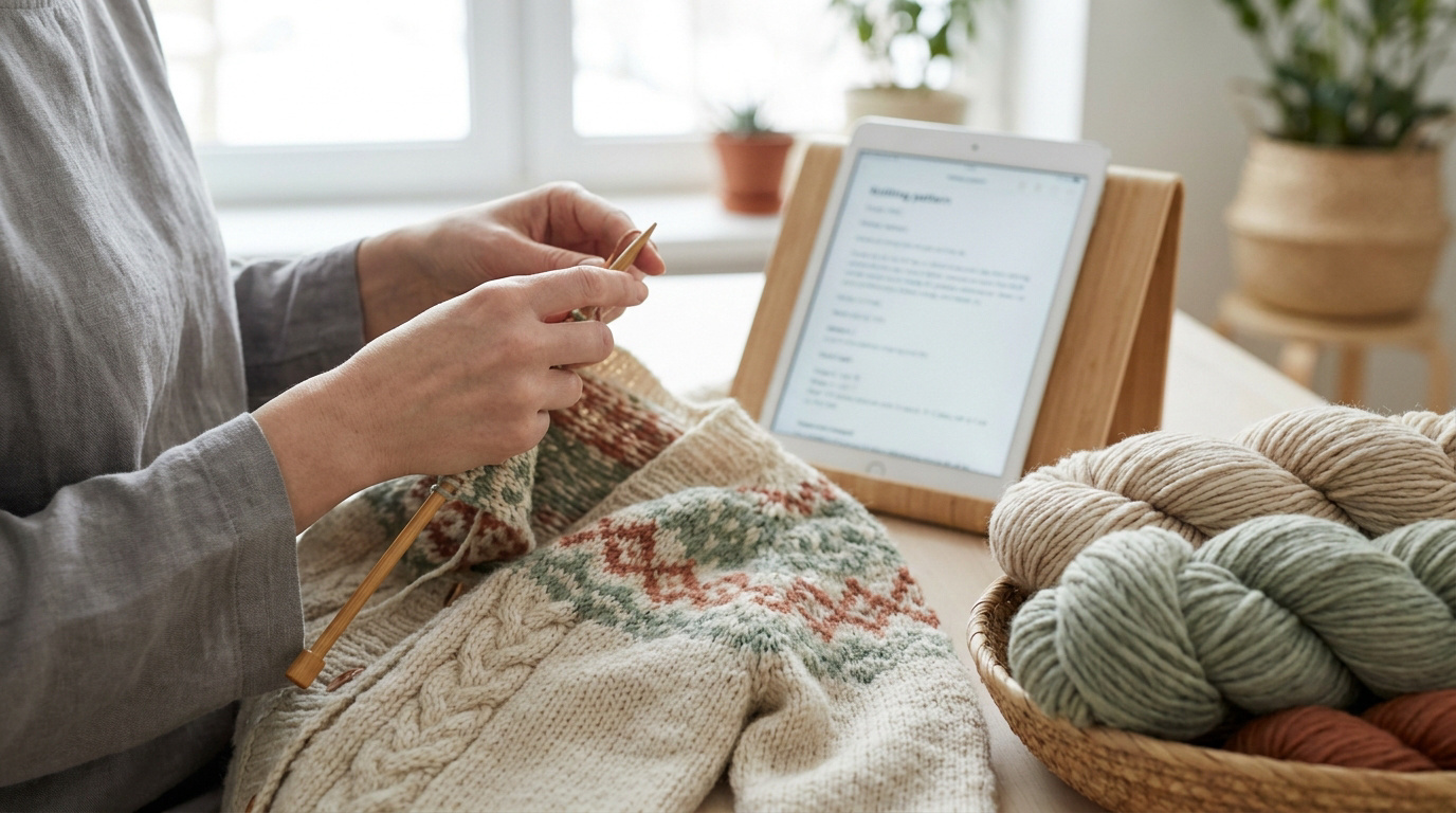 Une personne tricote un pull avec un modèle sur une tablette et un panier de pelotes de laine à côté.