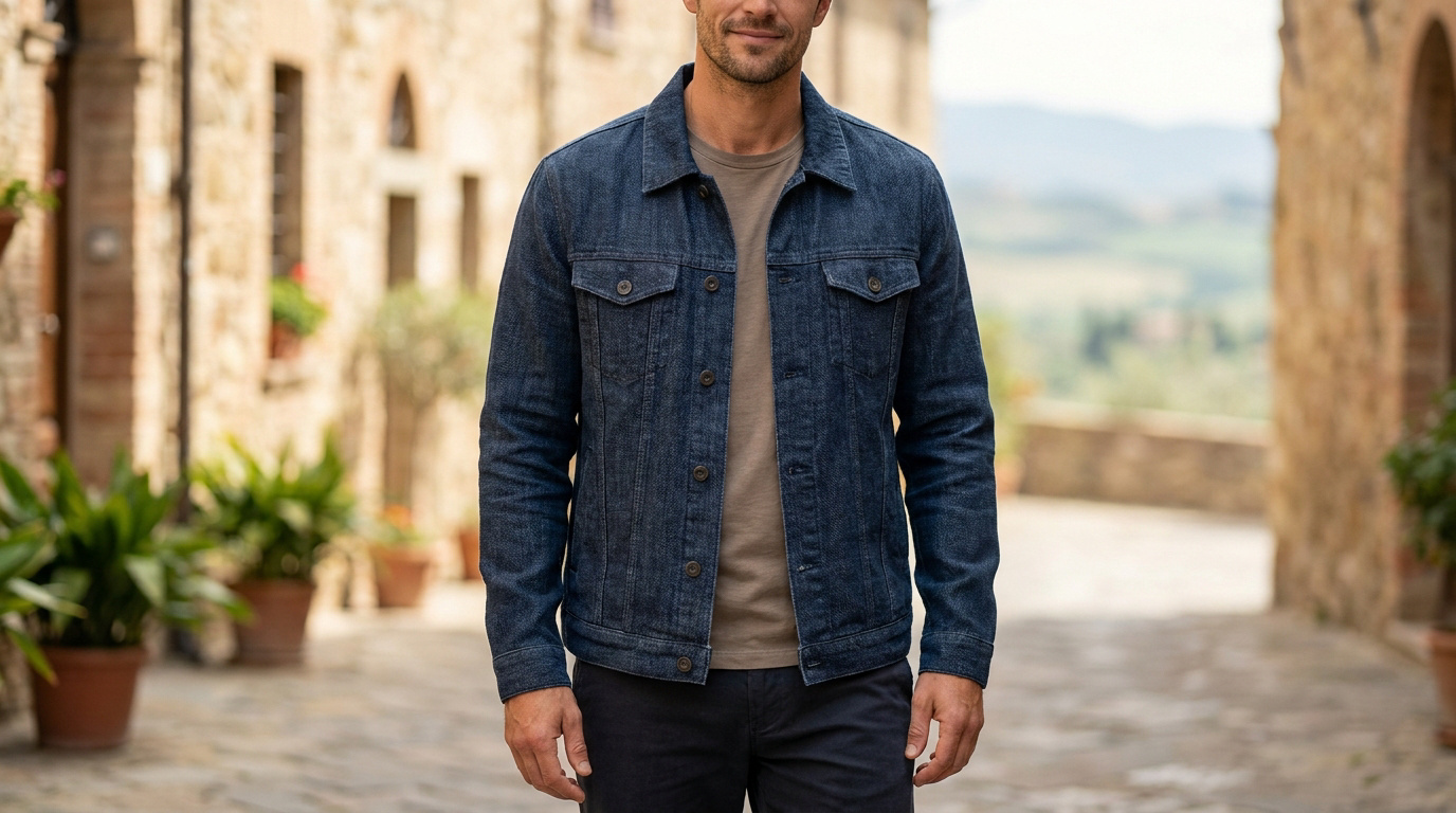 Homme portant une veste en jean bleu foncé en lin et chanvre, marchant dans une ruelle en pierre ensoleillée.