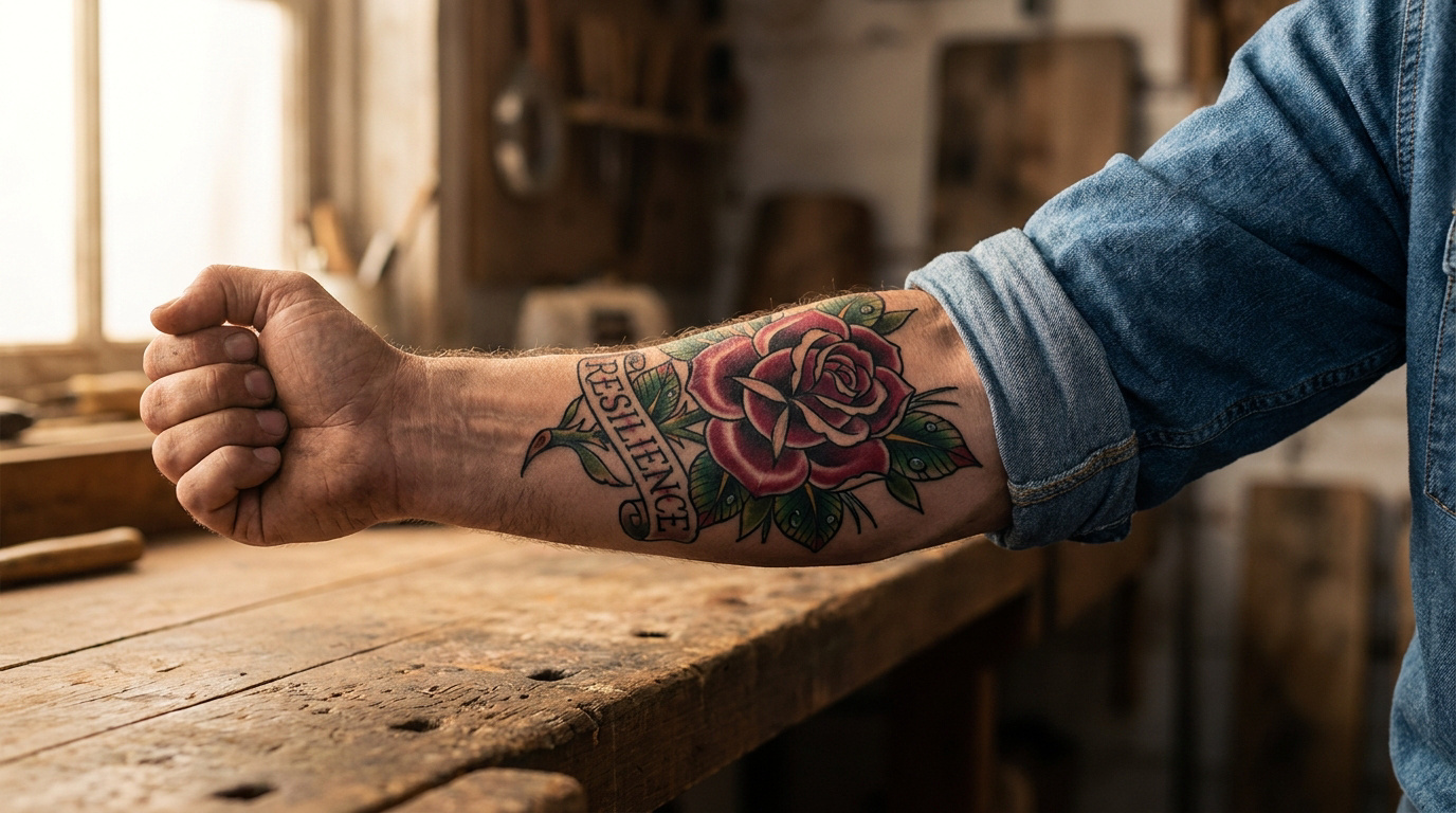 Avant-bras masculin tatoué d'une rose rouge avec un ruban portant le mot Résilience dans un atelier de menuiserie.