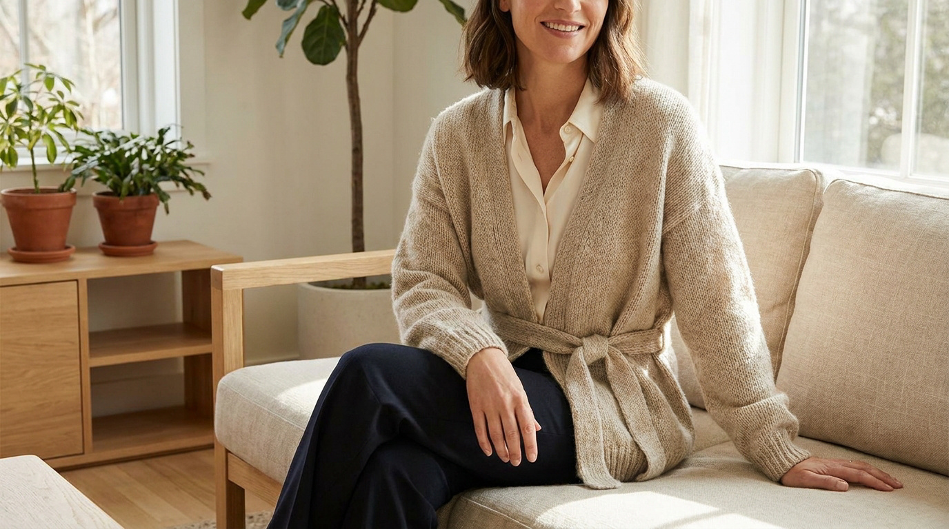 Femme assise sur un canapé portant un cardigan en laine beige noué à la taille par-dessus une chemise claire.