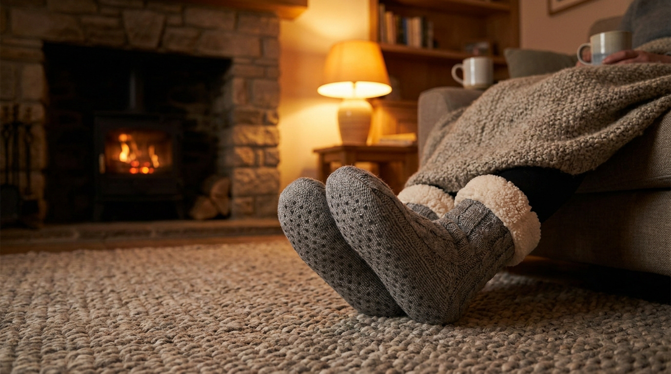 Pieds portant des chaussettes chaussons grises antidérapantes près d'une cheminée avec une couverture.