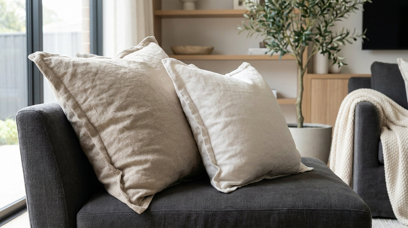 Deux coussins en lin beige posés sur un fauteuil gris sombre dans un salon moderne et lumineux.