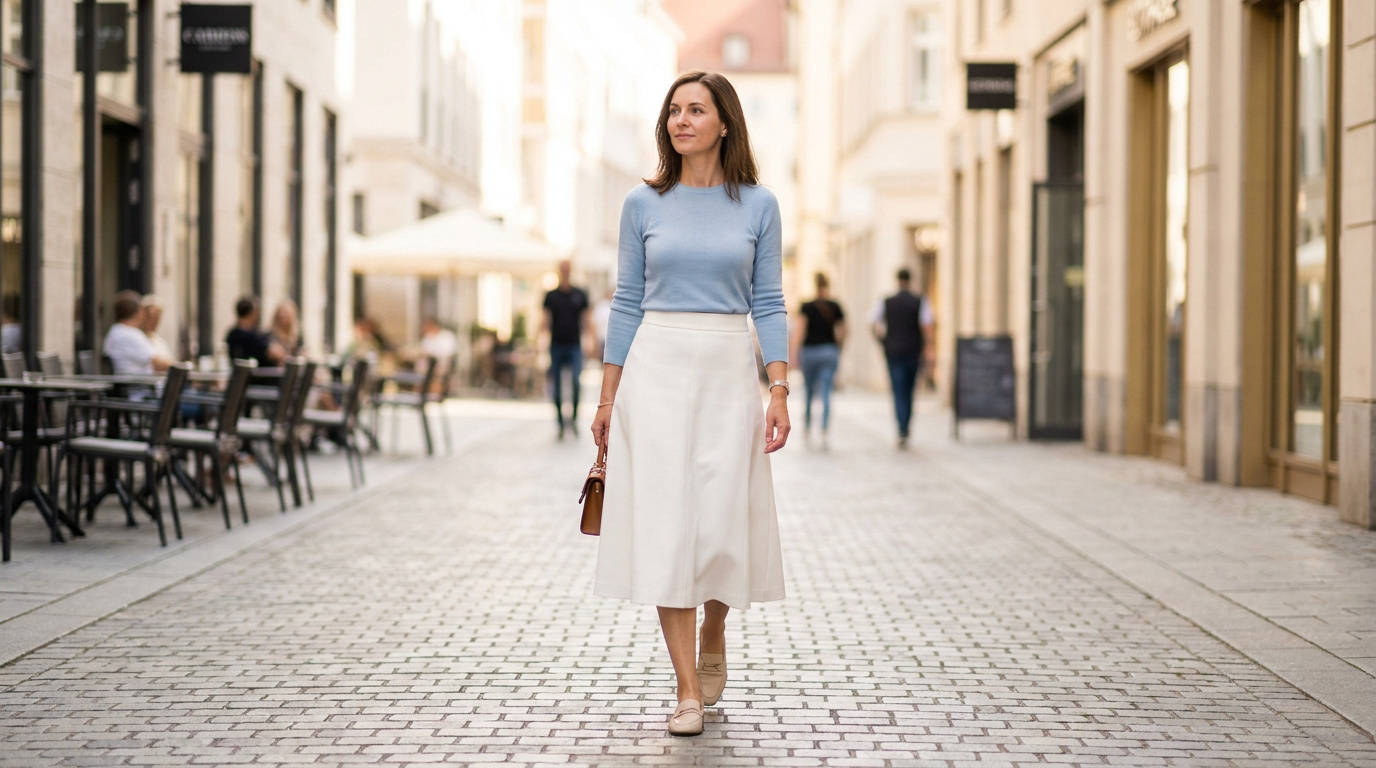 Femme marchant dans une rue piétonne portant une jupe blanche et un pull bleu clair.