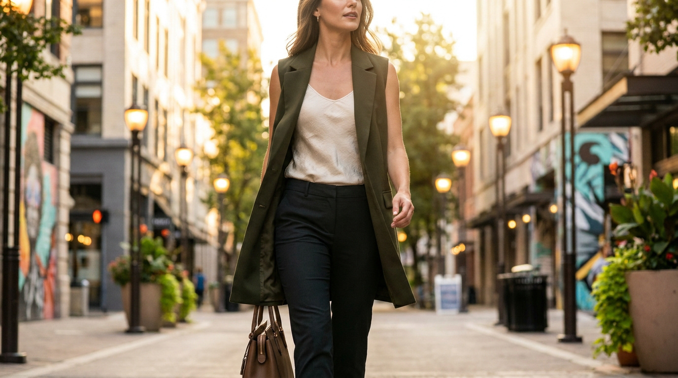 Femme marchant dans une rue urbaine portant une veste longue sans manches vert olive sur un haut blanc et un pantalon.