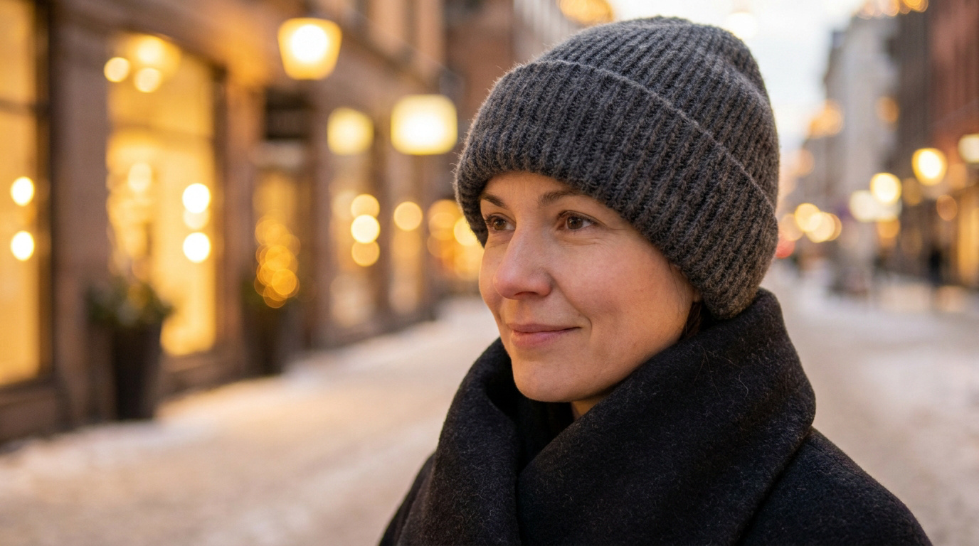 Femme souriante portant un bonnet en laine gris dans une rue enneigée aux lumières chaleureuses.