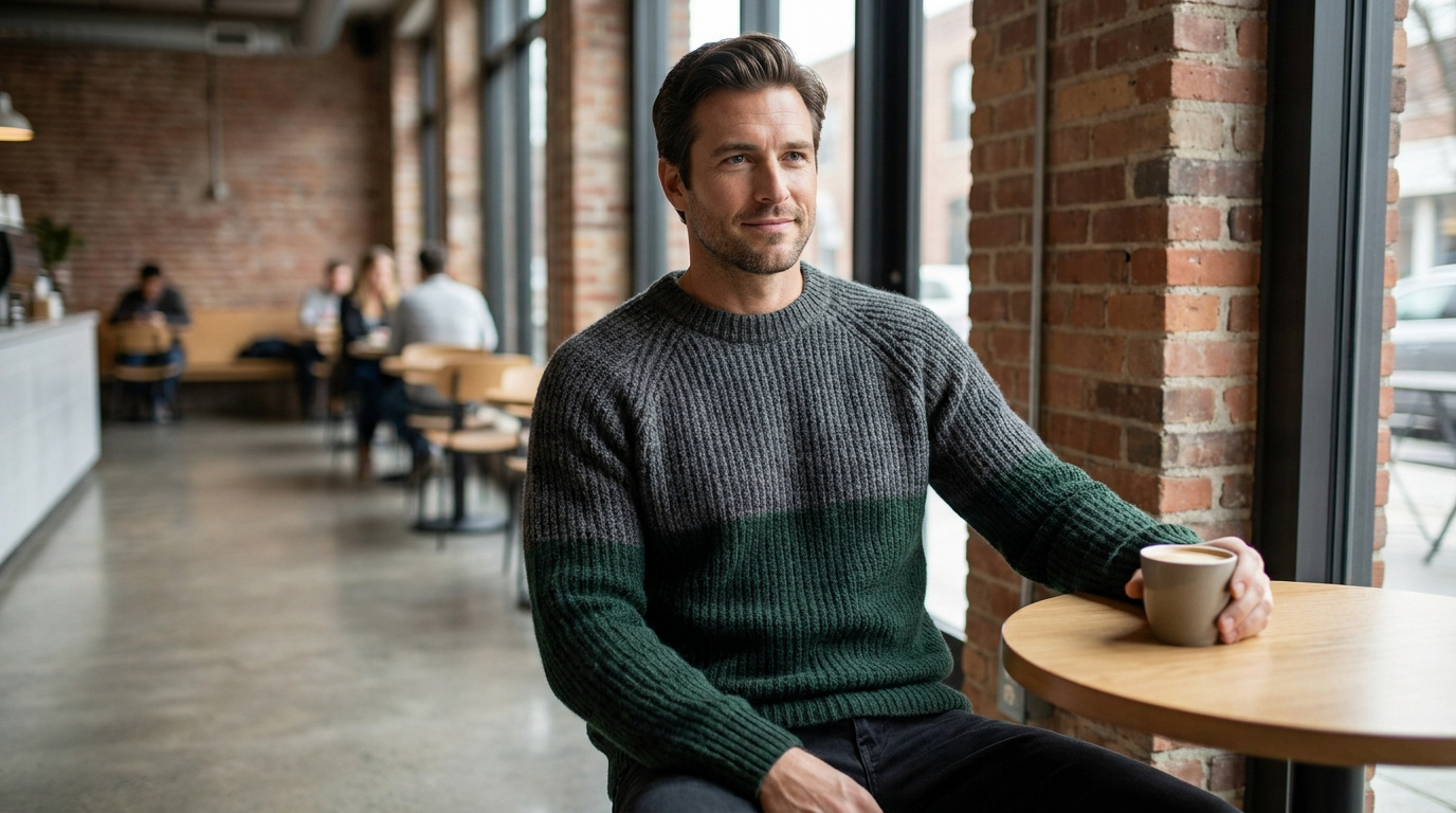 Un homme souriant portant un pull col rond bicolore gris et vert, assis à une table dans un café moderne.