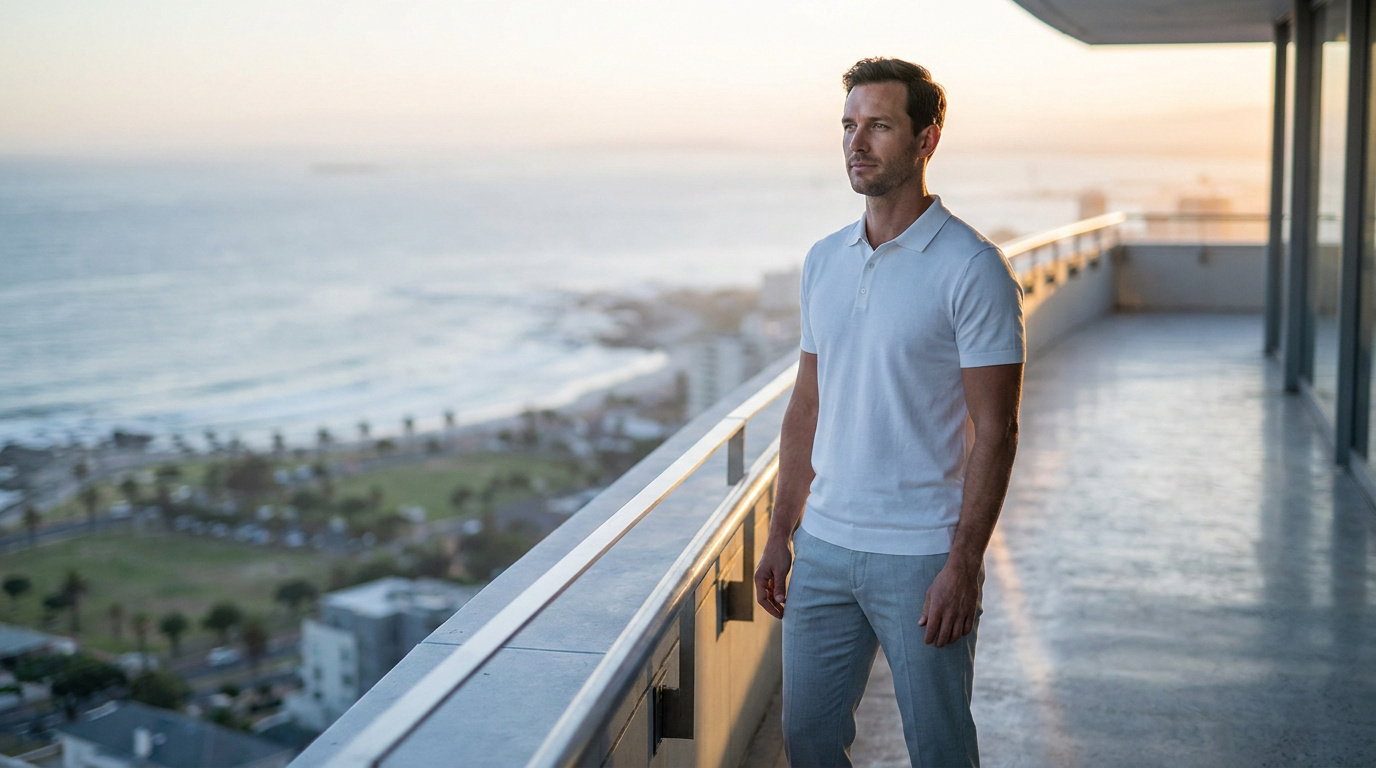 Un homme en polo blanc contemplant l'océan depuis un balcon au coucher du soleil.