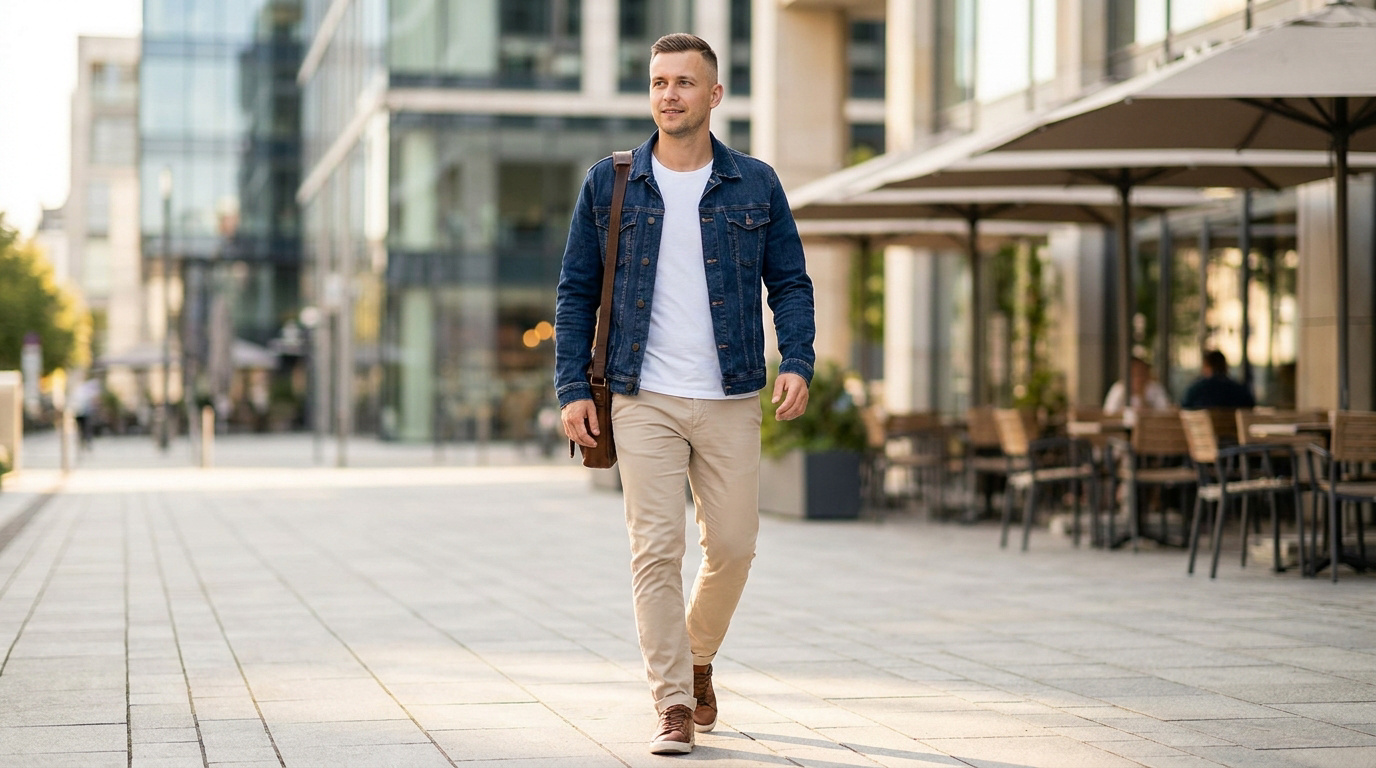 Homme souriant marchant dans une rue moderne vêtu d'une veste en jean, d'un t-shirt blanc et d'un pantalon beige.