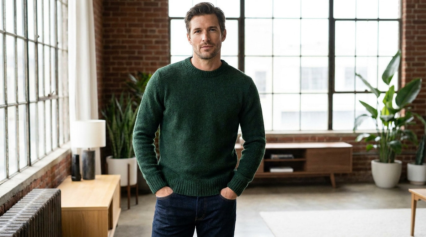 Homme portant un pull en coton vert à col rond, debout dans un loft lumineux au style industriel.