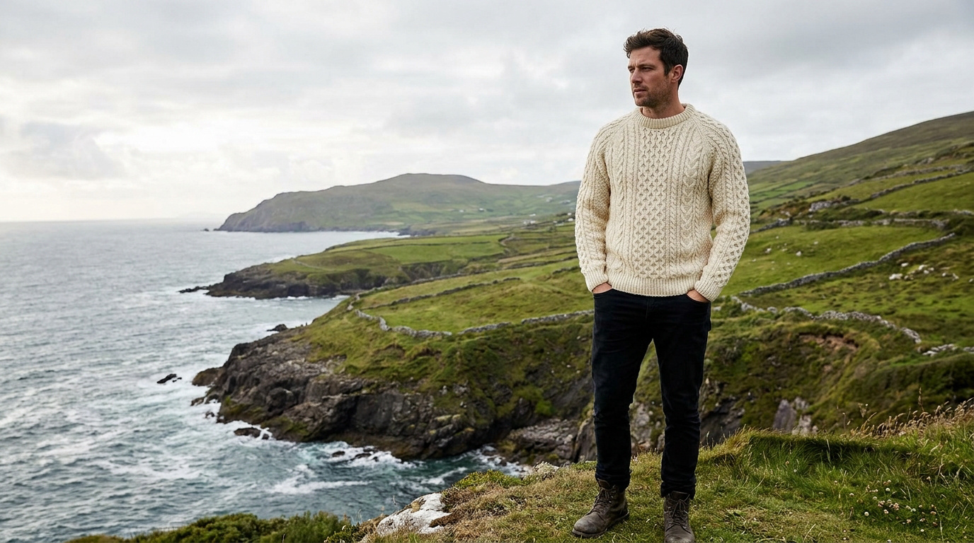 Un homme porte un pull irlandais en laine crème sur une falaise surplombant l'océan avec un paysage côtier verdoyant.