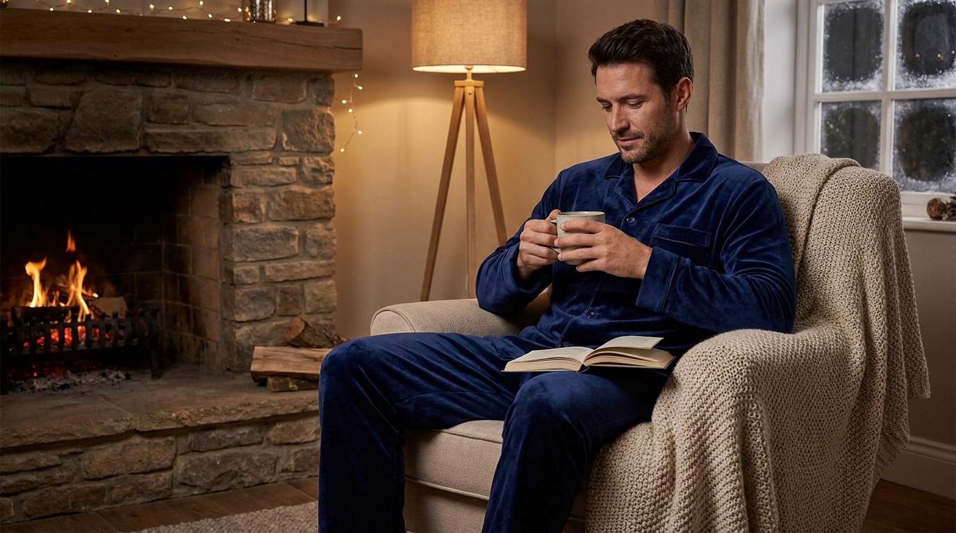 Un homme en pyjama bleu en velours lit un livre avec une tasse de thé dans un fauteuil devant une cheminée.