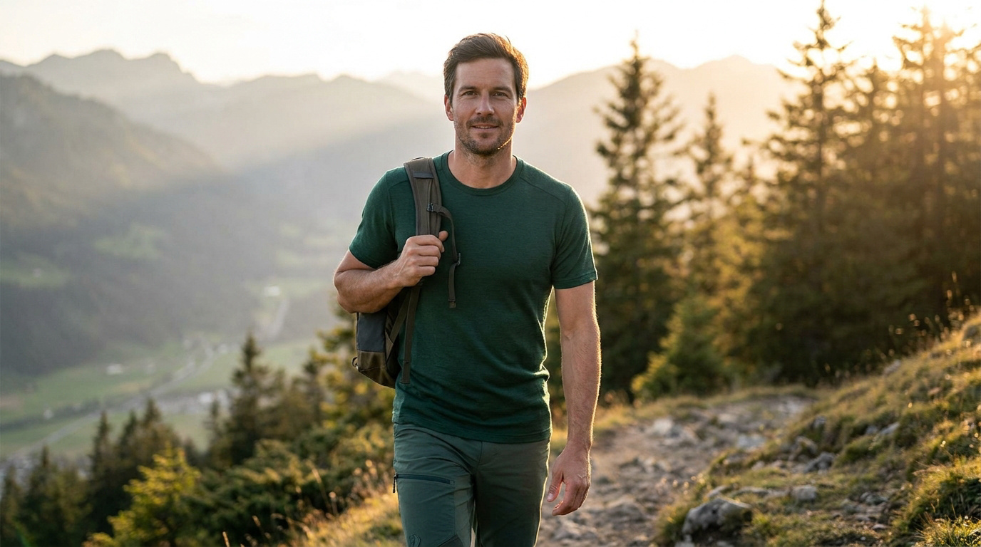 Un homme souriant portant un t-shirt en laine mérinos vert, marchant sur un sentier de randonnée en montagne.