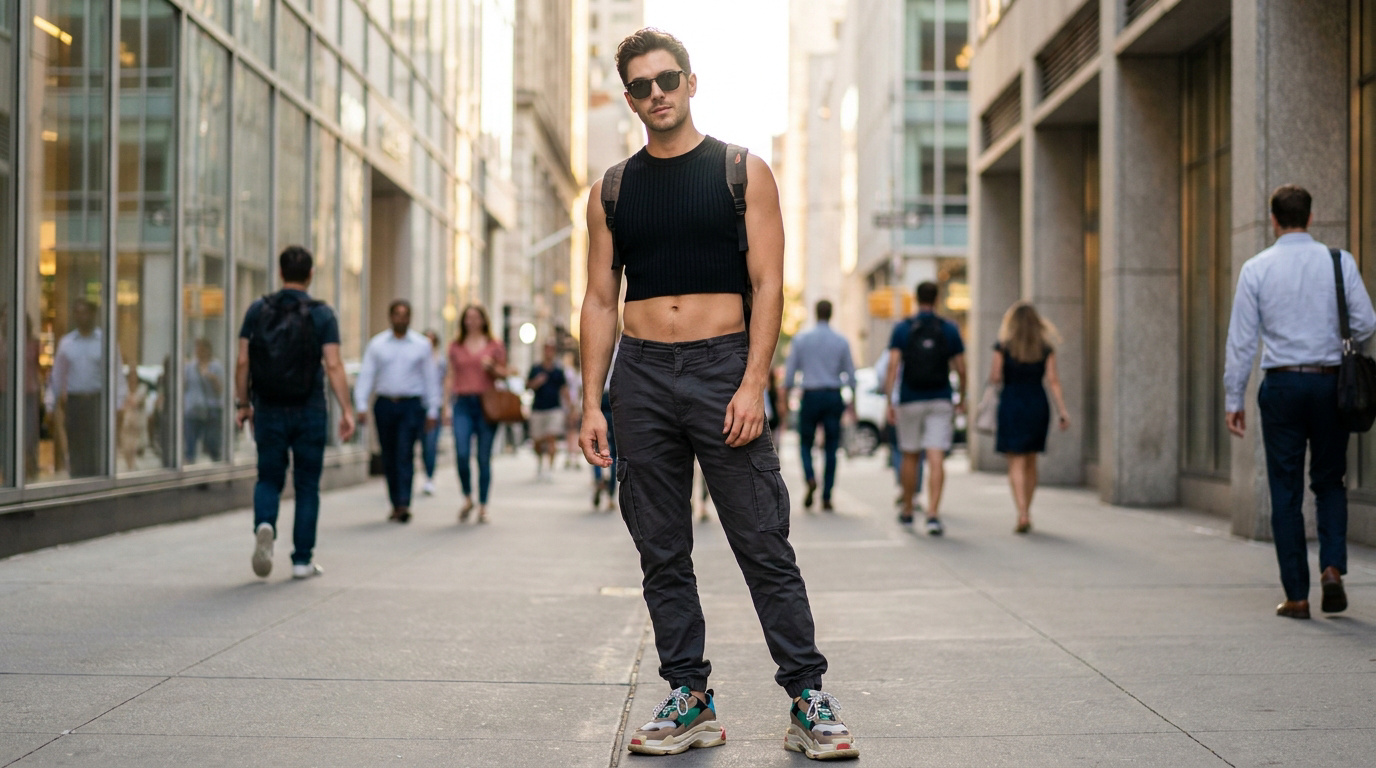 Un homme portant un crop top noir et un pantalon cargo marchant dans une rue bondée de New York.