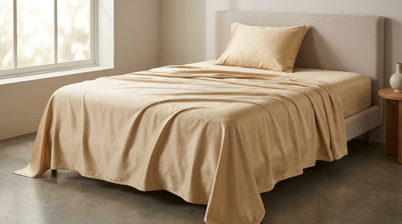 Un lit fait avec des draps en satin couleur beige doré dans une chambre lumineuse et moderne.