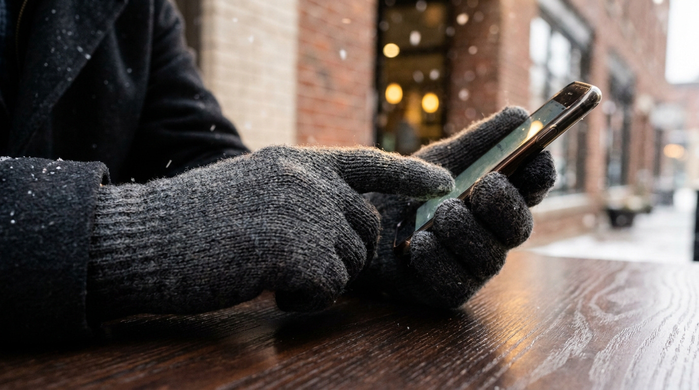 Mains portant des gants en laine gris foncé utilisant un smartphone par temps neigeux à l'extérieur.