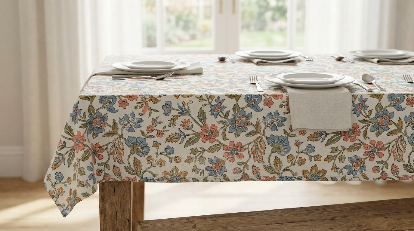 Table à manger dressée avec une nappe en tissu crème ornée d'un motif floral élégant dans des tons bleu, rose et vert.