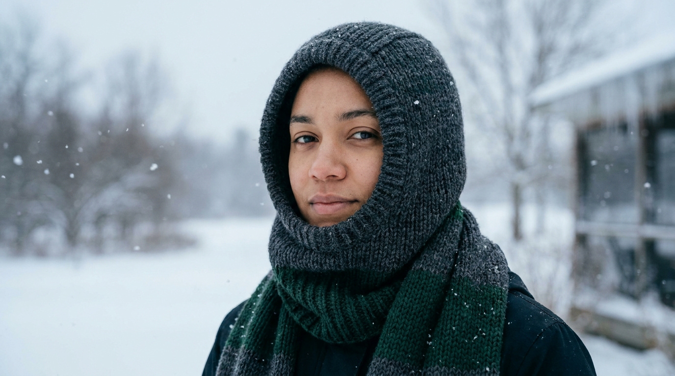 Une personne porte une cagoule écharpe en tricot gris et vert sous une neige légère en extérieur.
