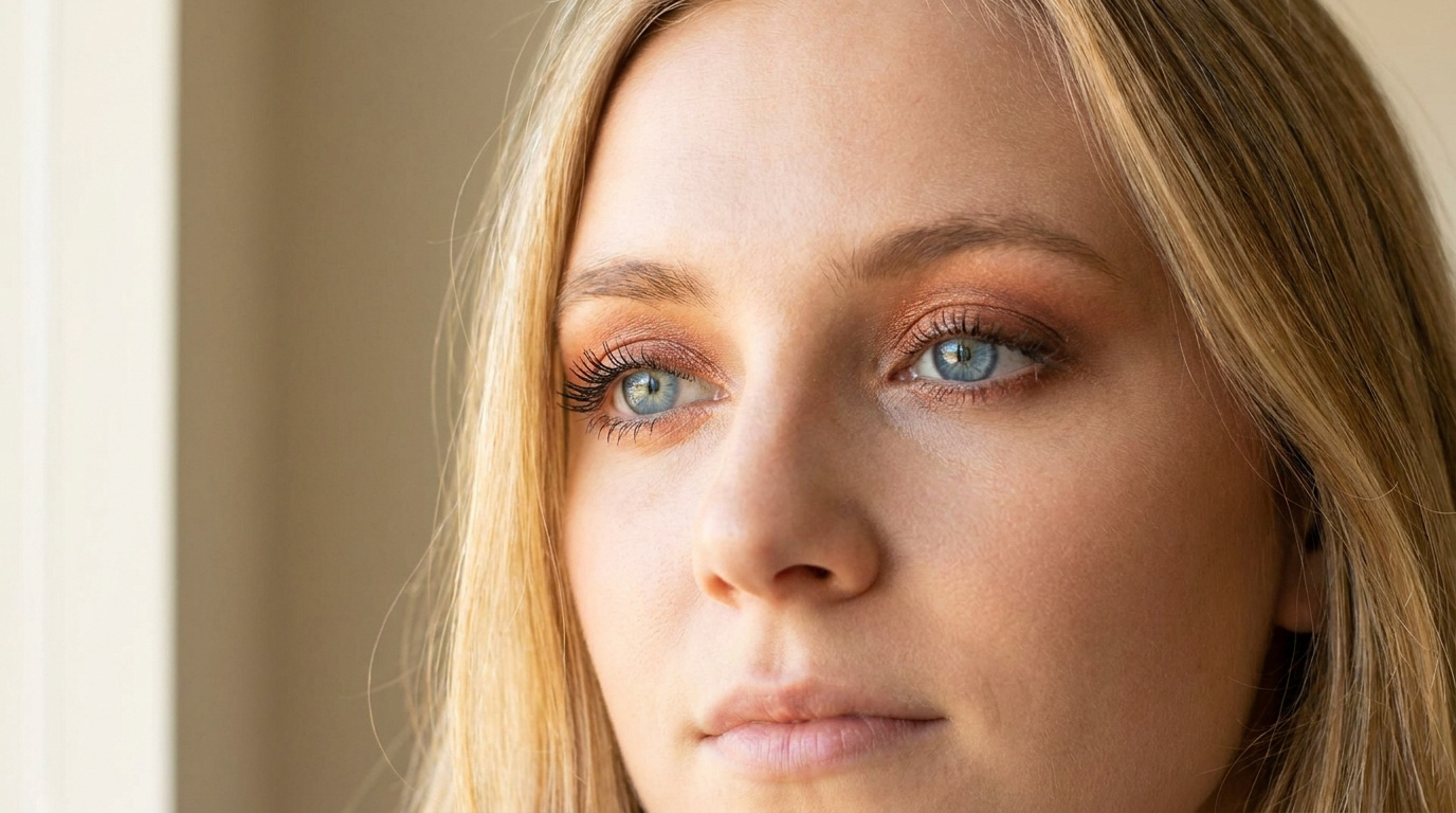 Gros plan sur le visage d'une femme blonde aux yeux bleus maquillée avec des tons cuivrés.