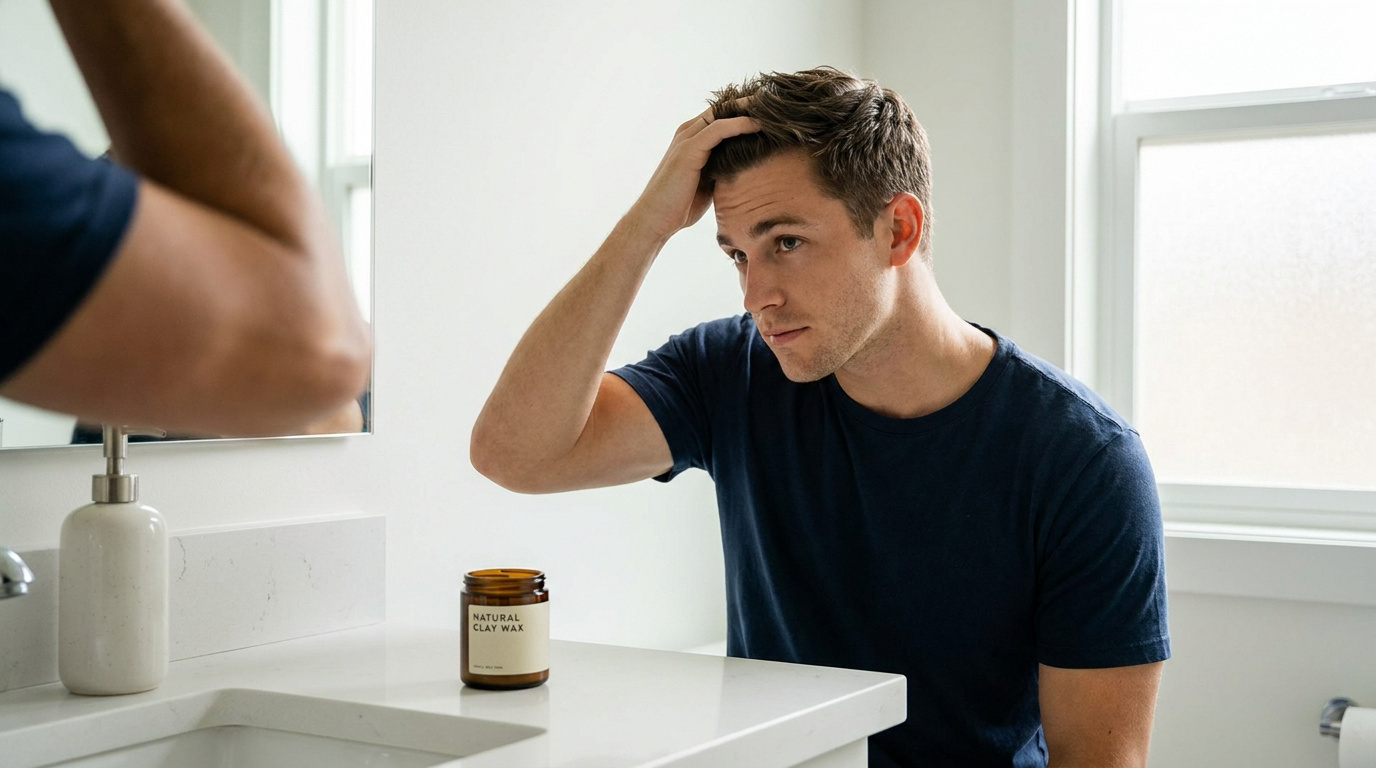 Un homme se coiffe les cheveux devant un miroir de salle de bain avec un pot de cire naturelle sur le lavabo.