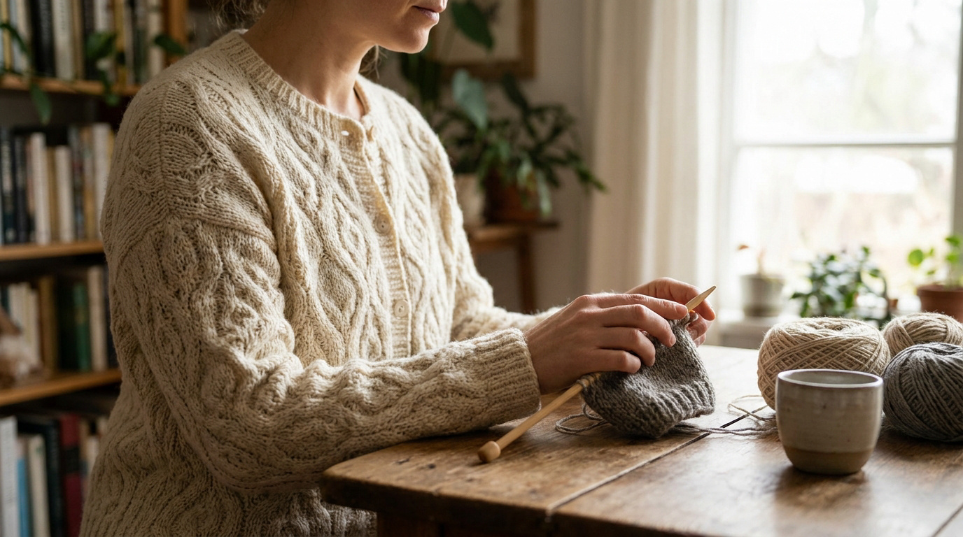 Une femme tricote un gilet en laine beige dans un intérieur chaleureux avec des pelotes de laine sur une table en bois.